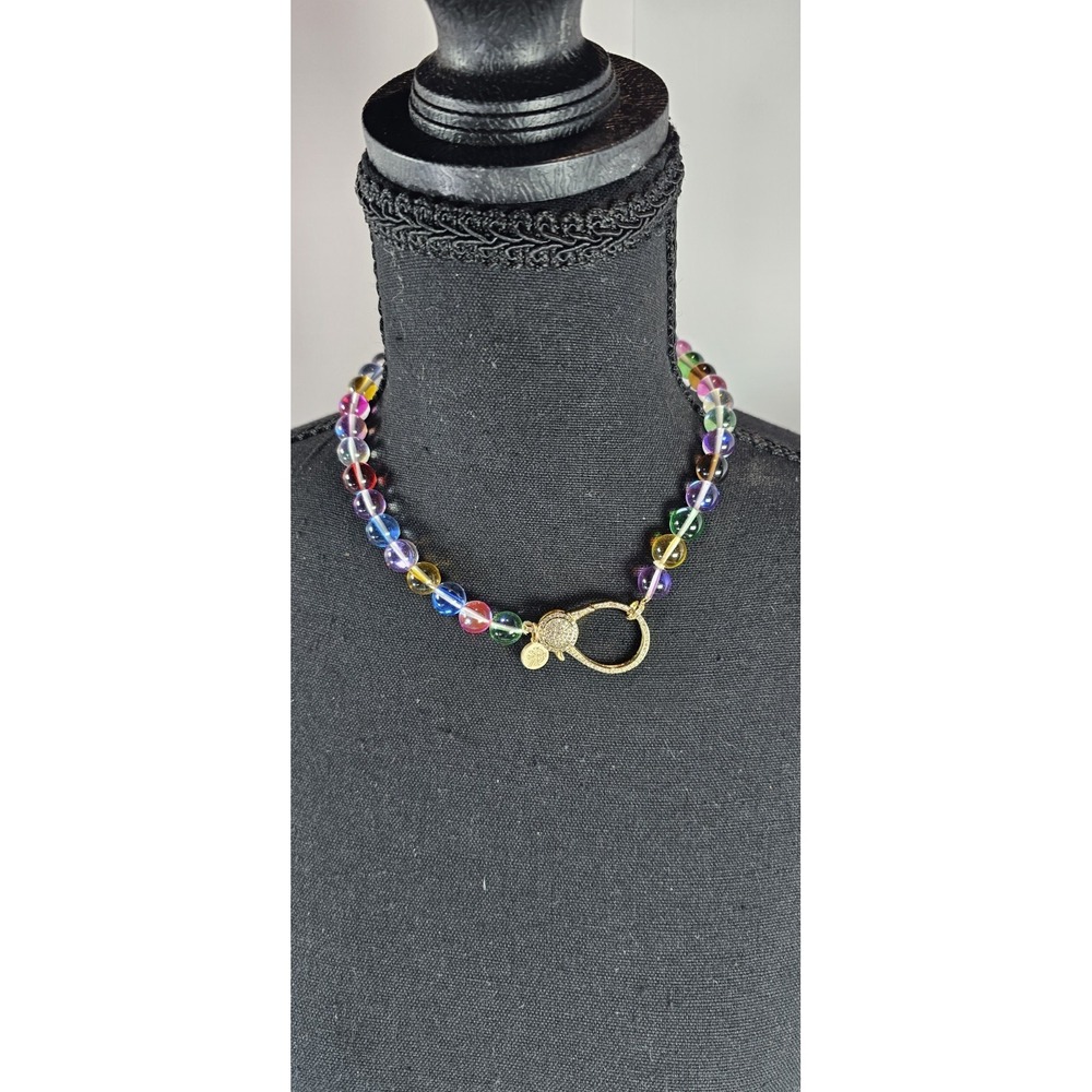 Karli Buxton‎ Multicolor Glass Bead Necklace Rainbow Striped Beads Pavé Clasp